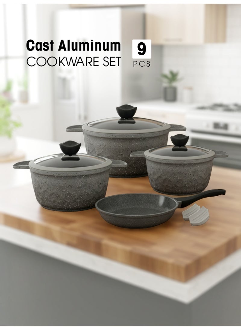 Cookware Set, 9-Pieces Cast Aluminum with Granite Coating  Non-Stick Pot and Pan Set with Tempered Glass Lids and Silicone Grips, Even Heat Distribution - Grey - Image 1